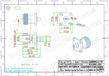 N Jack Female Connector Straight 4 holes Flange Solder for Semi-Rigid .086" RG405 Cable