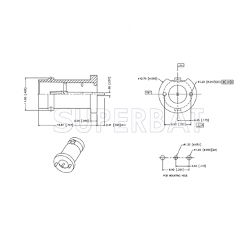 BNC 75 Ohm Straight PCB Jack Female Through 2 Hole Connector