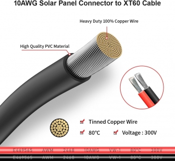 10AWG 2FT XT60 Solar Cable 2 10 25 35 50 75 100FT XT60 Extension Cable Solar Panel Connector to XT60 Connector for Portable Power Station (2FT)
