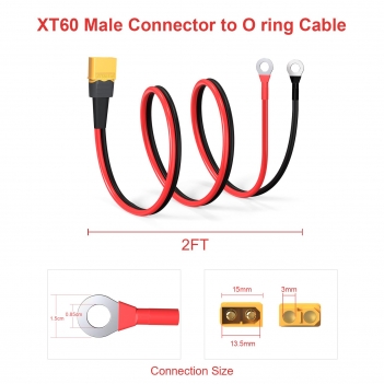 ELFCULB XT60 to O Ring Terminal Cable, 10AWG XT60 Male to O Ring Connector Cable with Tinned Pure Wire for RC Battery Solar Portable Power Power Station and Solar Panel(2FT)