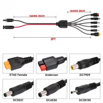 ELFCULB 6-in-1 Solar Panel Connector Kit, 12AWG Solar to XT60, Anderson, DC7909, DC6530, DC35135, DC5521 Connector Cable for Portable Station Solar Panel Generator(2FT)