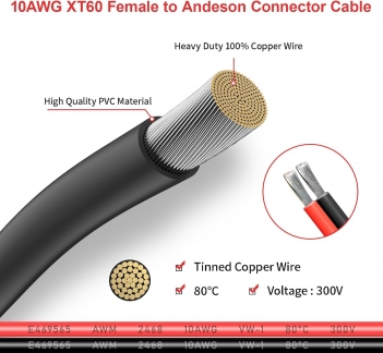 ELFCULB XT60 to Anderson Adapter, 10AWG XT60 Female to Anderson Connector Cable for Portable Power Station UAV RC Battery (2FT)