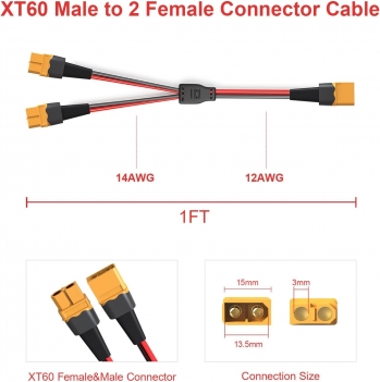 ELFCULB XT60 Y Splitter,12AWG XT60 1 Male to 2 Female Connector Cable for UAV Phantom Quadcopter RC Car(1FT)