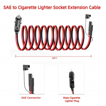 ELFCULB 14AWG SAE to Car Cigarette Lighter 12V Cigarette Lighter Male Plug to SAE Connector Extension Cable with SAE Polarity Reverse Adapter(20FT)