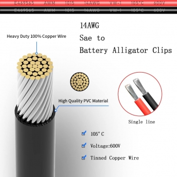 ELFCULB SAE to Alligator Clip, 14AWG SAE Connector Quick Disconnect Cable Battery Alligator Crocodile Clip with 10A 15A 20A Fuse,Compatible for Cars Motorcycle(2FT)
