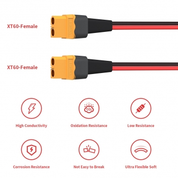 ELFCULB XT60 Female to Female Extension Cable 12AWG 2FT - Heavy Duty Power Cord for RC Cars, Batteries, and Portable Power Stations
