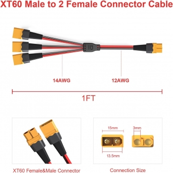 ELFCULB XT60 Splitter Cable,12AWG XT60 1 Female to 3 Male Connector Cable for UAV Phantom Quadcopter RC Car(1FT)