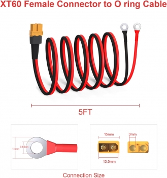 ELFCULB XT60 to O Ring Terminal Cable, 12AWG XT60 Female to O Ring Connector Cable with Tinned Pure Wire for RC Battery Solar Portable Power Power Station and Solar Panel(5FT)