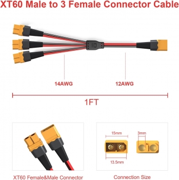 ELFCULB XT60 Splitter Cable,12AWG XT60 1 Male to 3 Female Connector Cable for UAV Phantom Quadcopter RC Car(1FT)