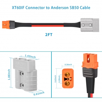 ELFCULB 10AWG 2FT Anderson SB50 Battery Quick Connect/Disconnect to XT60i Female Cable SB50-XT60I Connector Cable for RC Battery Solar Panel and Solar Portable Power Station