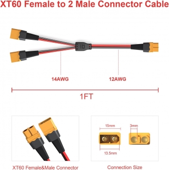 ELFCULB XT60 Y Splitter,12AWG XT60 1 Female to 2 Male Connector Cable for UAV Phantom Quadcopter RC Car(1FT)