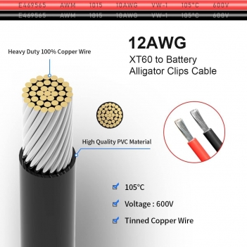 LFCULB XT60 to Alligator Clips,12AWG XT60 Female Connector Quick Disconnect Cable Compatible for RC Battery Portable Power Station Solar Panel(2FT)