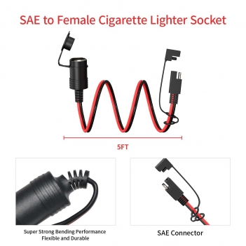 ELFCULB 14AWG 5FT SAE to Cigarette Lighter Socket,12V Female Cigarette Lighter Socket with SAE Reverse Adapter for Portable Solar Panel Tire Inflator