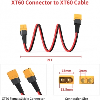 ELFCULB 12AWG 2FT XT60 Extension Cable 2 6 10 20 35 50 75 100FT XT60 Female to Male Connector for RC Battery Portable Power Station Solar Panel(2FT)