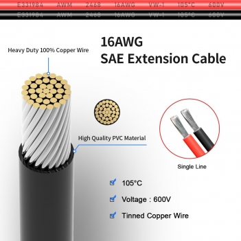 ELFCULB SAE Connector Extension Cable,16AWG 2FT 2 Pin Quick Disconnect Plug for Car Motorcycle(2 Pack)