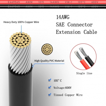 ELFCULB SAE Connector Cable,14AWG 1FT 2 Pin SAE Quick Connector Disconnect Plug for Solar Panel Car Motorcycle(2 Pack)