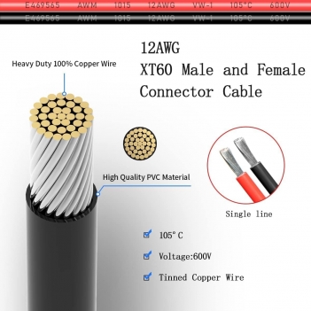 ELFCULB 5 Pairs XT60 Plug Male and Female Connector with 12AWG Cable XT60 Connector for RC Lipo Battery Drone(6Inches)
