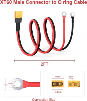 ELFCULB XT60 to O Ring Terminal Cable, 12AWG XT60 Male to O Ring Connector Cable with Tinned Pure Wire for RC Battery Solar Portable Power Power Station and Solar Panel(2FT)