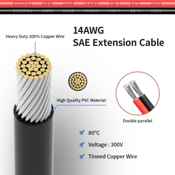 ELFCULB 14AWG 20FT SAE Extension Cable 3/6/10/20/35/50FT Quick Disconnect Wire Harness with SAE Connector for Automotive RV Battery Solar Panel