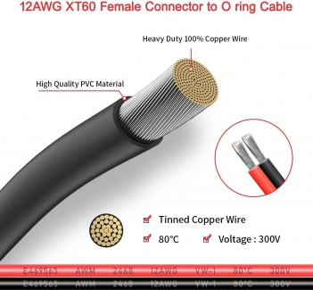 ELFCULB XT60 to O Ring Terminal Cable, 12AWG XT60 Female to O Ring Connector Cable with Tinned Pure Wire for RC Battery Solar Portable Power Power Station and Solar Panel(5FT)