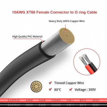 ELFCULB XT60 to O Ring Terminal Cable, 10AWG XT60 Male to O Ring Connector Cable with Tinned Pure Wire for RC Battery Solar Portable Power Power Station and Solar Panel(10FT)