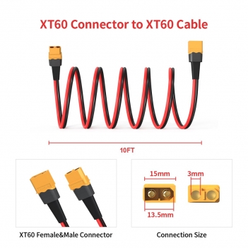 ELFCULB 12AWG 10FT XT60 Extension Cable  XT60 Female to Male Connector for RC Battery Portable Power Station Solar Panel(10FT)
