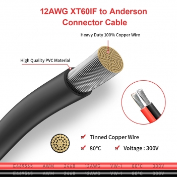 ELFCULB XT60i to Anderson Adapter,12AWG Anderson to XT60i Connector Cable for RC Battery Solar Portable Power Power Station and Solar Panel(2FT)