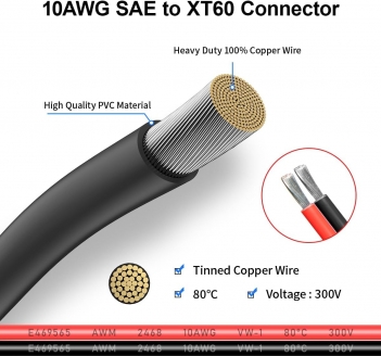 ELFCULB 10AWG XT60 to SAE Connector Extension Cable with SAE Polarity Reverse Adapter for Portable Power Station Solar Panel Solar Generator(2FT)