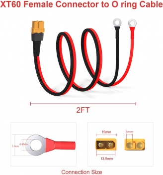 ELFCULB XT60 to O Ring Terminal Cable, 12AWG XT60 Female to O Ring Connector Cable with Tinned Pure Wire for RC Battery Solar Portable Power Power Station and Solar Panel(2FT)