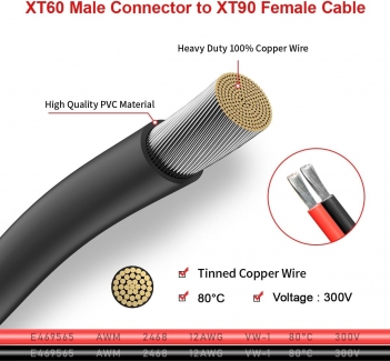 ELFCULB XT60 to XT90 Adapter Cable 10AWG XT60 Male to XT90 Female Connector Cable for RC Lipo Battery Drone(2FT)
