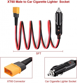 ELFCULB XT60 Male to Car Cigarette Lighter 14AWG 12V Cigarette Lighter Male Plug Connector Cable for Portable Solar Generator Power Station(5FT)