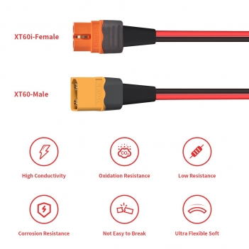 ELFCULB XT60i to XT60 Extension Cable, 12AWG 2FT XT60i Female to XT60 Male Connector for RC Battery Portable Power Station Solar Panel