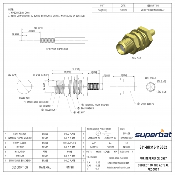 SMA Female Bulkhead Cable Connector Straight Crimp for RG316 Thread Length 13mm